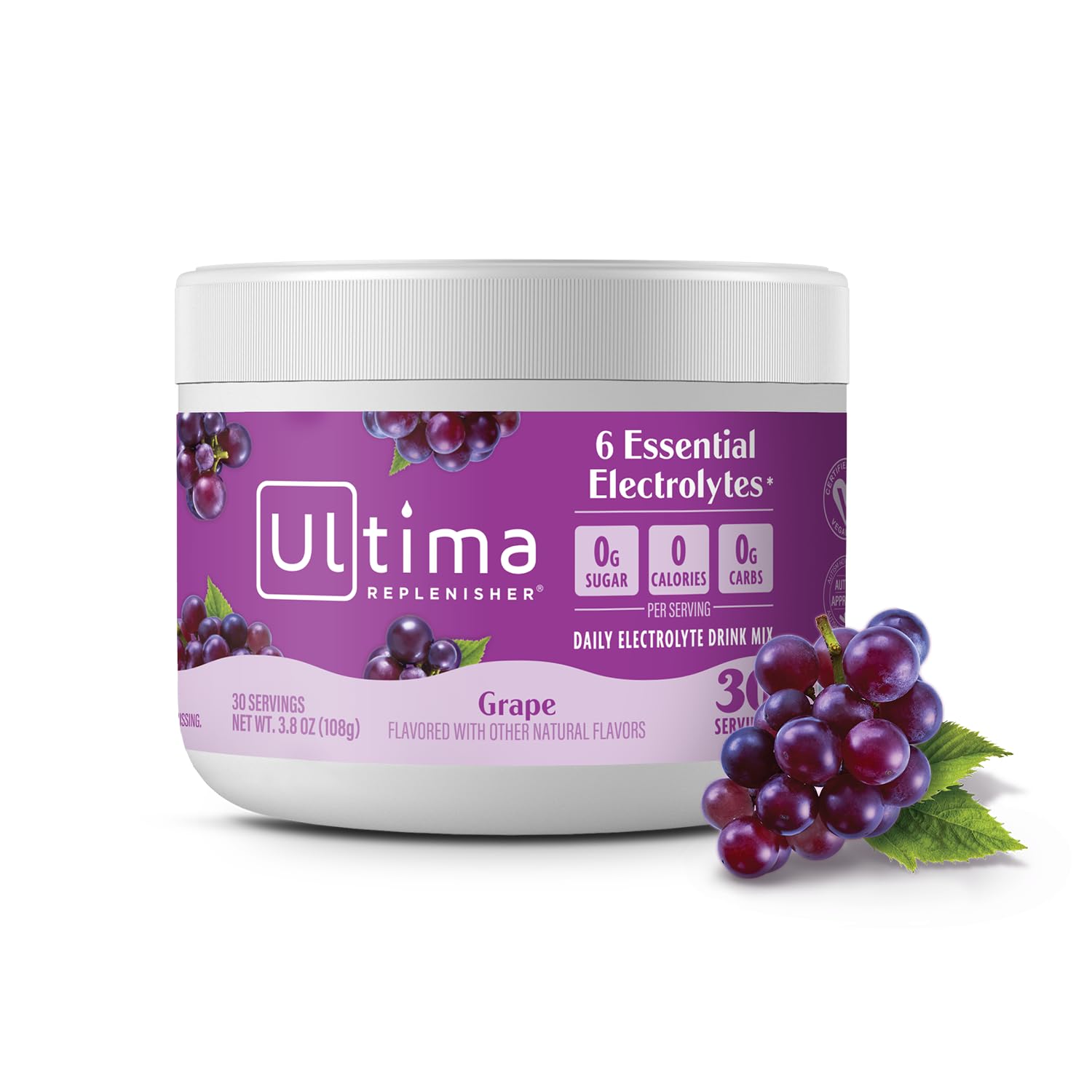 Ultima Replenisher Sugar Free Grape Electrolyte Powder Drink Mix – Keto Friendly, Vegan, Non-GMO, 30 Servings