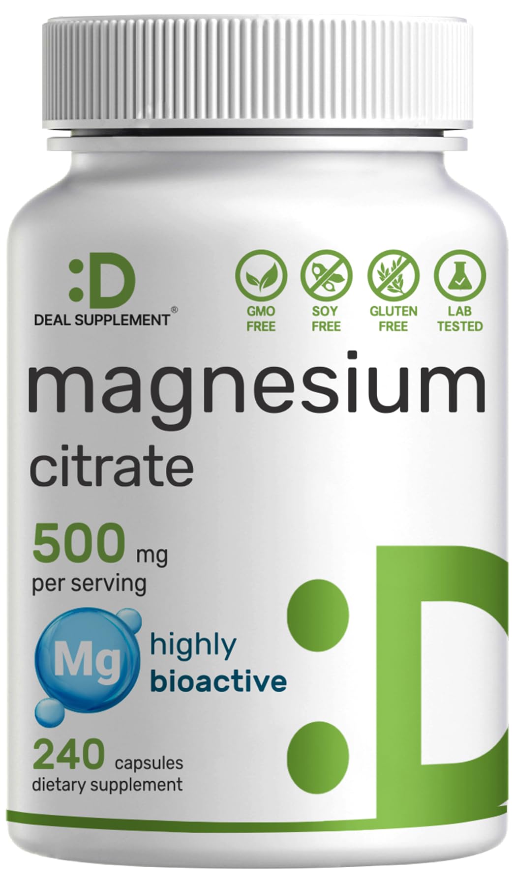 Deal Supplement Magnesium Citrate 500mg, 240 Capsules | Easily Absorbed, Purified Trace Mineral - Muscle, Heart, & Diges