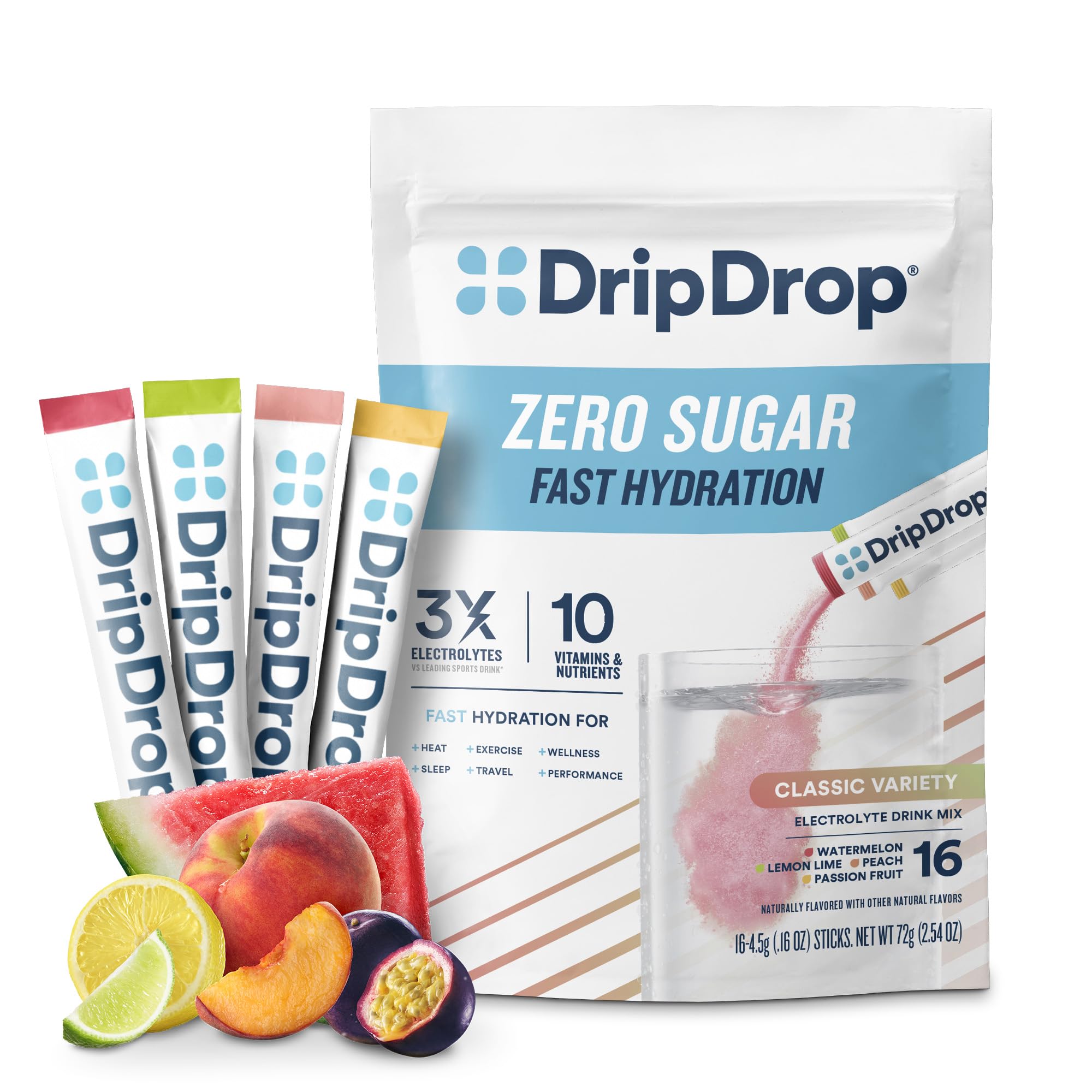 DripDrop Sugar Free Hydration Packets - Zero Classic Variety Pack - Lemon Lime, Watermelon, Peach, Passion Fruit - Non-G