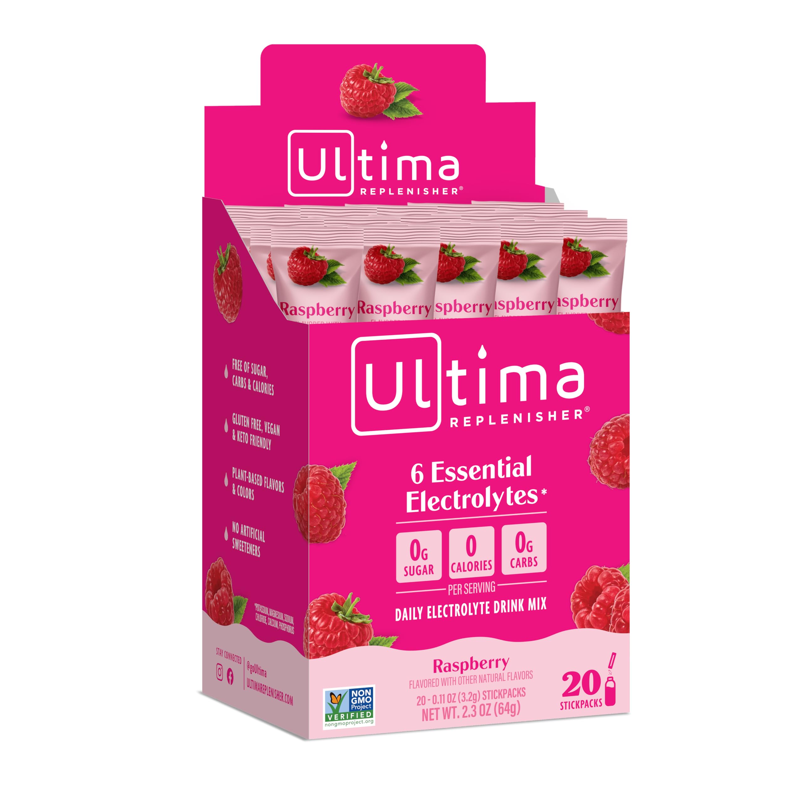 Ultima Replenisher Raspberry Electrolyte Hydration Drink Mix - Sugar Free, 0 Calories, 0 Carbs | Gluten-Free, Keto, Non-