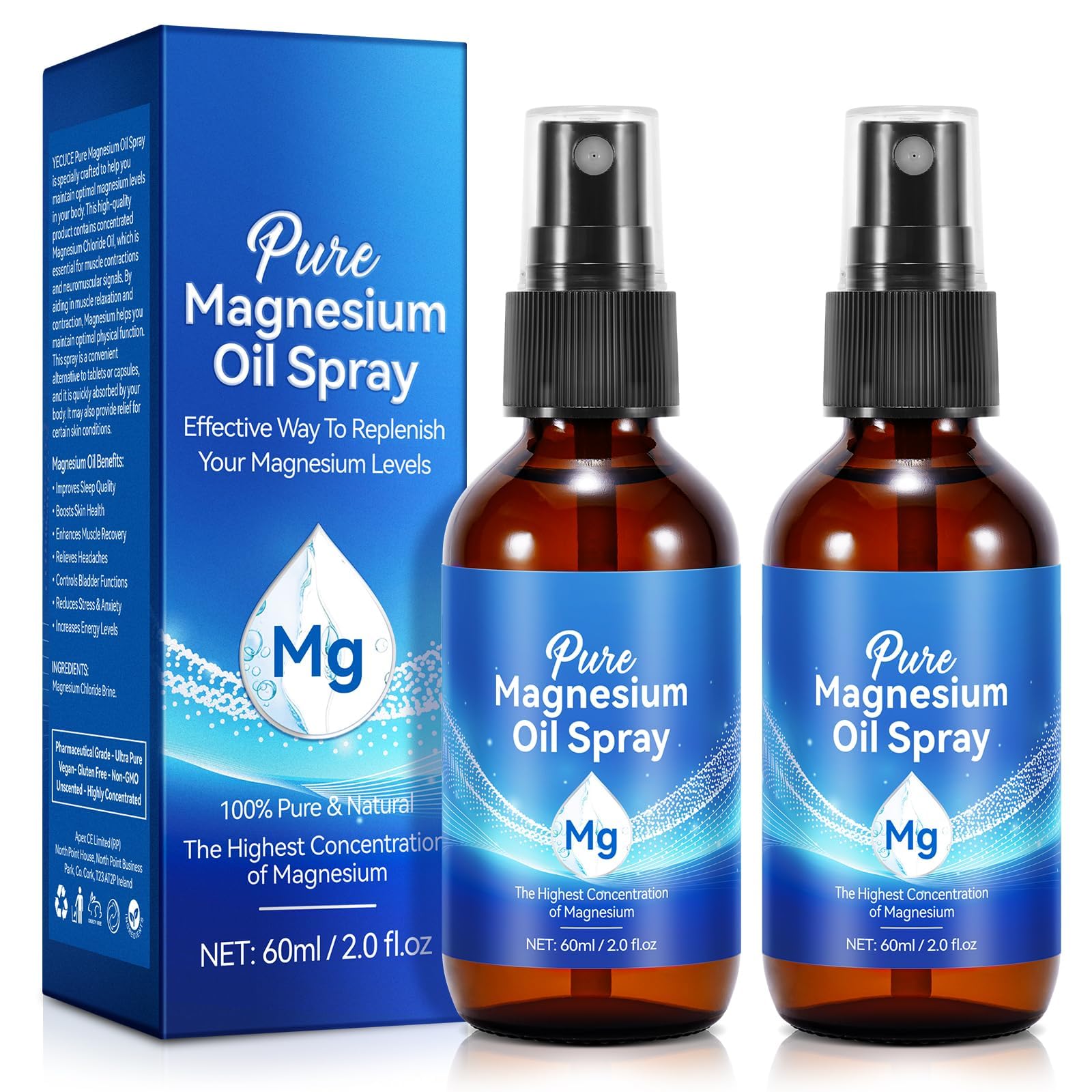 Pure Magnesium Oil Spray for Relief of Muscle Aches and Pains, Athletes, Post-Workout Routine, Fast Absorption, 2 Pack